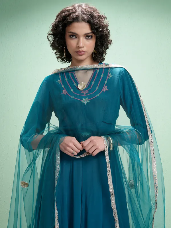 Vishudh Women Teal Embroidered Kurta With Trousers & Dupatta Kurta Set