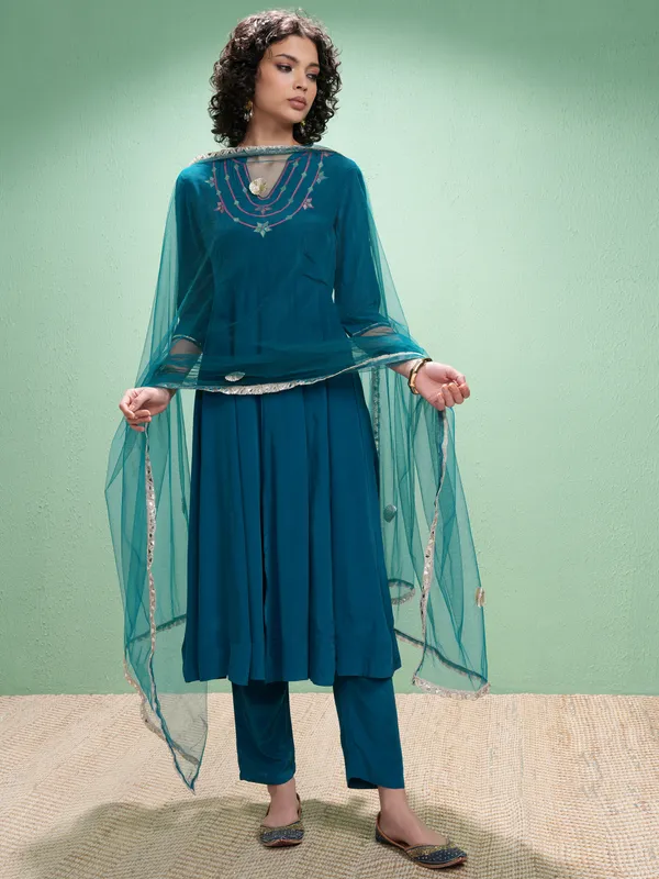 Vishudh Women Teal Embroidered Kurta With Trousers & Dupatta Kurta Set