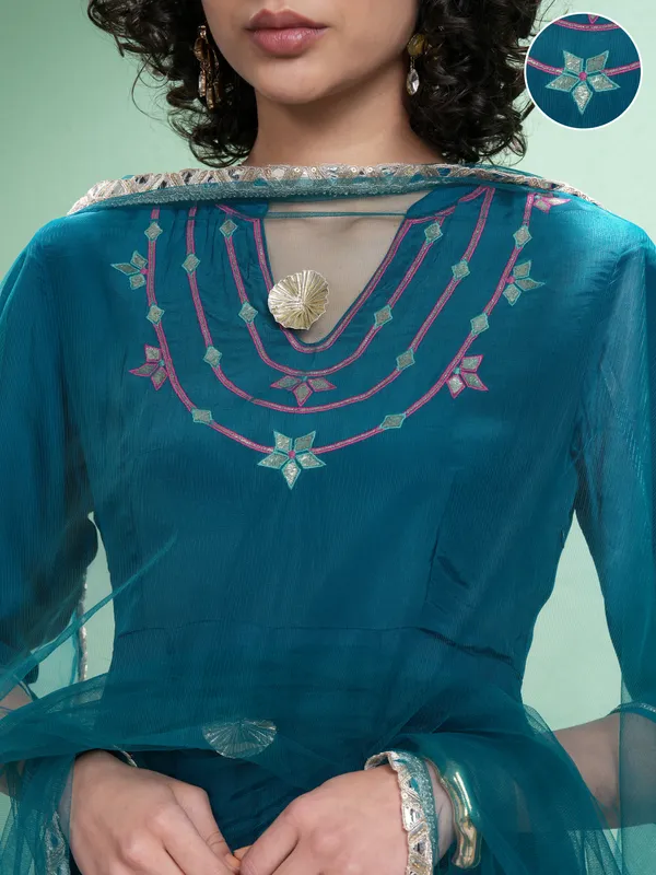 Vishudh Women Teal Embroidered Kurta With Trousers & Dupatta Kurta Set