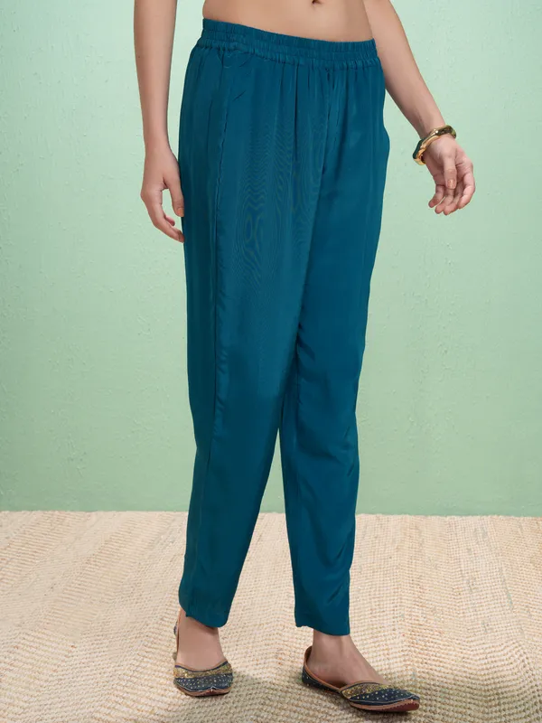 Vishudh Women Teal Embroidered Kurta With Trousers & Dupatta Kurta Set