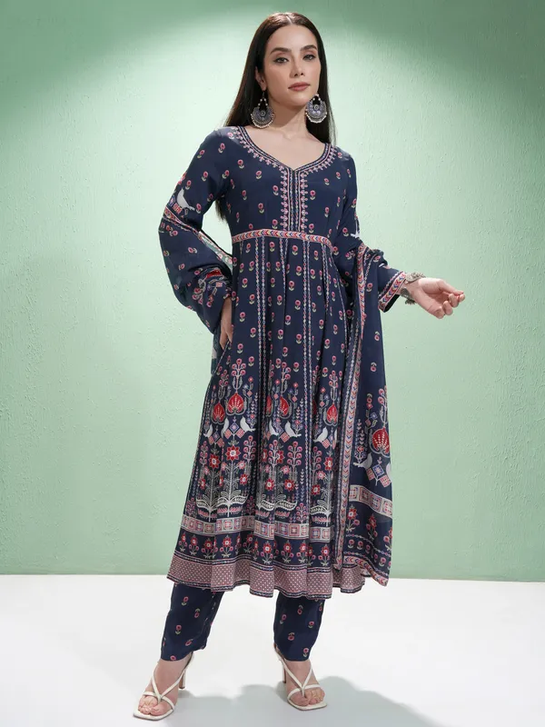 Vishudh Women Blue Printed Kurta With Trousers And Dupatta