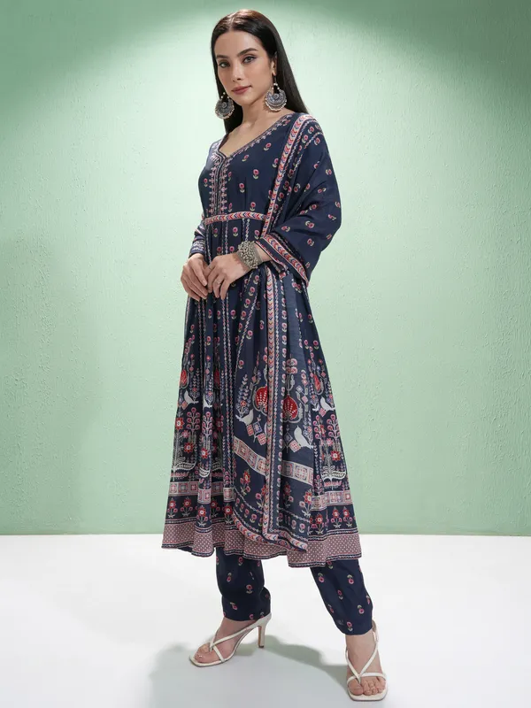 Vishudh Women Blue Printed Kurta With Trousers And Dupatta