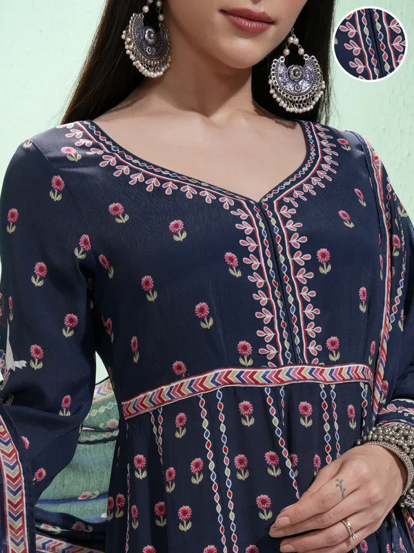 Vishudh Women Blue Printed Kurta With Trousers And Dupatta