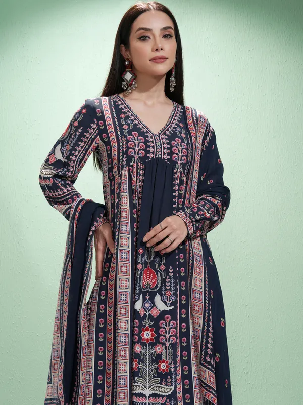 Vishudh Women Blue Printed Kurta With Trousers And Dupatta