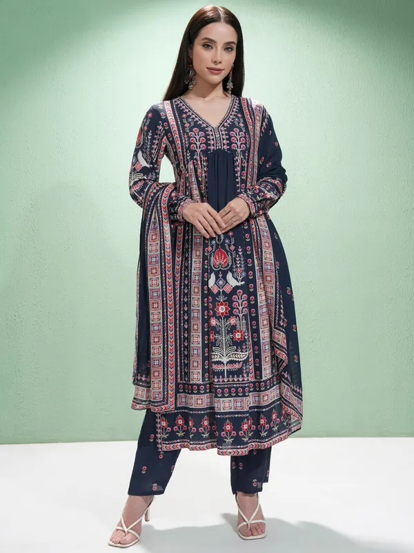 Vishudh Women Blue Printed Kurta With Trousers And Dupatta