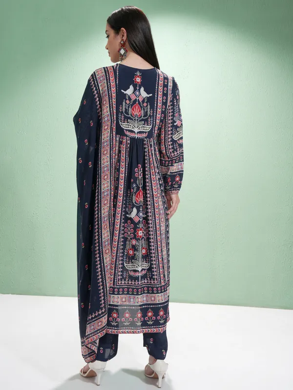 Vishudh Women Blue Printed Kurta With Trousers And Dupatta