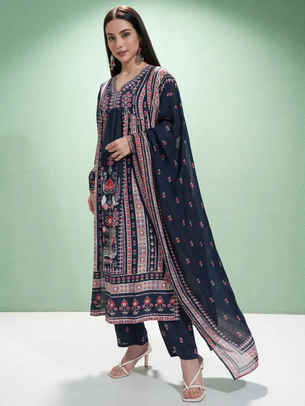 Vishudh Women Blue Printed Kurta With Trousers And Dupatta