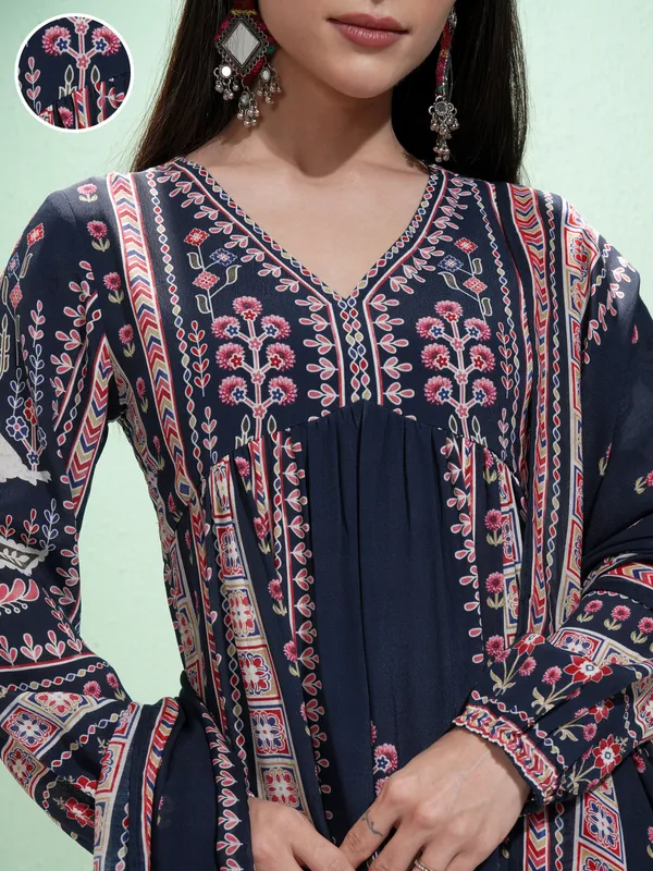 Vishudh Women Blue Printed Kurta With Trousers And Dupatta