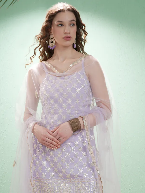 Vishudh Women Lavender Embroidered Kurta With Trousers And Dupatta