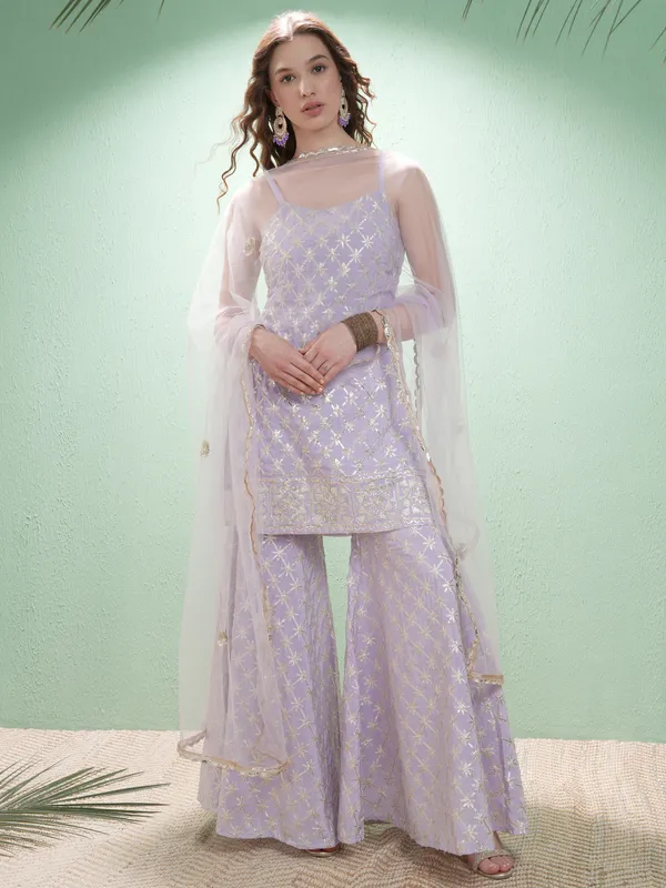 Vishudh Women Lavender Embroidered Kurta With Trousers And Dupatta