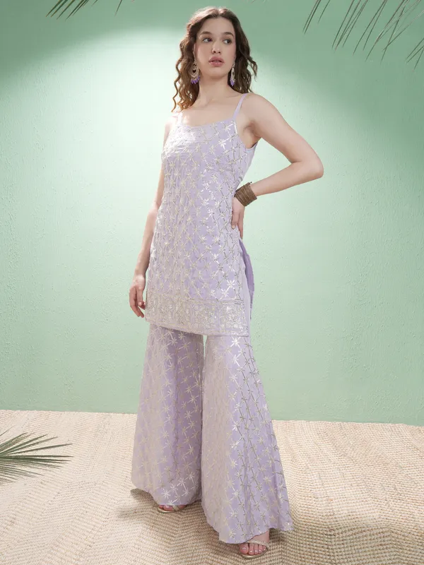 Vishudh Women Lavender Embroidered Kurta With Trousers And Dupatta