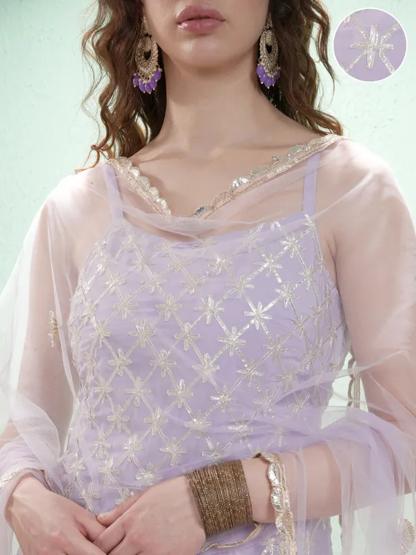 Vishudh Women Lavender Embroidered Kurta With Trousers And Dupatta