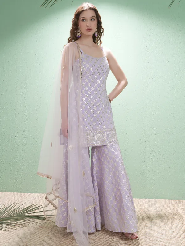 Vishudh Women Lavender Embroidered Kurta With Trousers And Dupatta