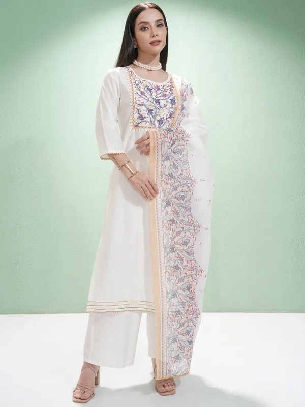 Vishudh Women Off White Embroidered Kurta With Palazzos And Dupatta