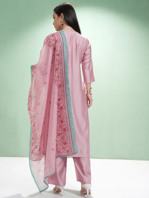Vishudh Women Mauve Embroidered Kurta With Palazzos And Dupatta