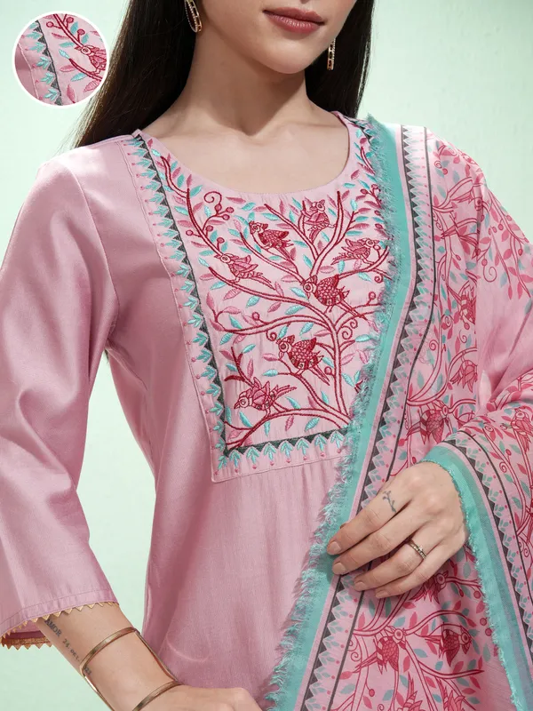 Vishudh Women Mauve Embroidered Kurta With Palazzos And Dupatta