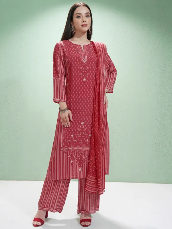 Vishudh Women Red Printed Kurta With Trousers And Dupatta