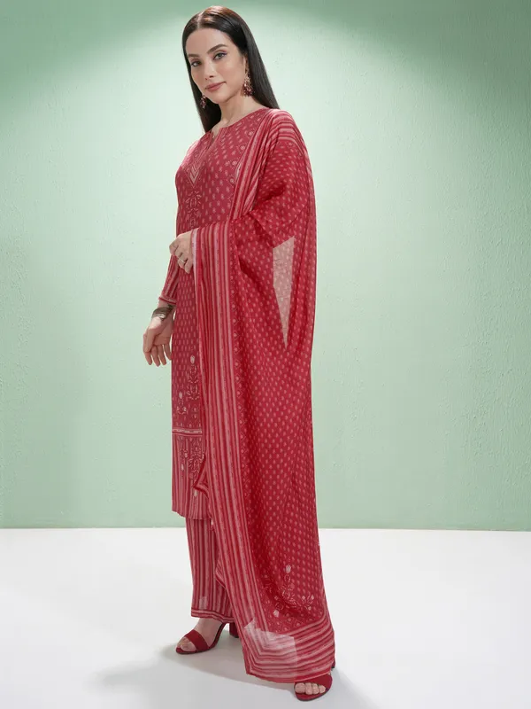 Vishudh Women Red Printed Kurta With Trousers And Dupatta