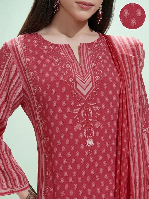 Vishudh Women Red Printed Kurta With Trousers And Dupatta