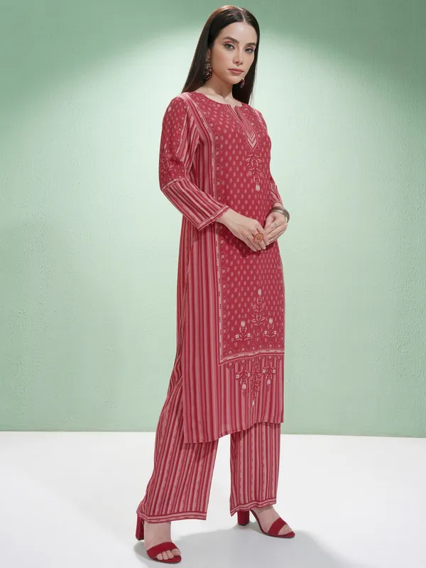 Vishudh Women Red Printed Kurta With Trousers And Dupatta