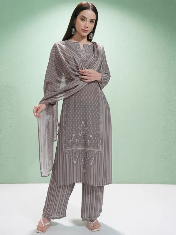 Vishudh Women Grey Printed Kurta With Trousers And Dupatta