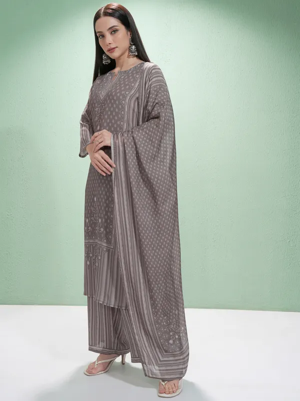 Vishudh Women Grey Printed Kurta With Trousers And Dupatta