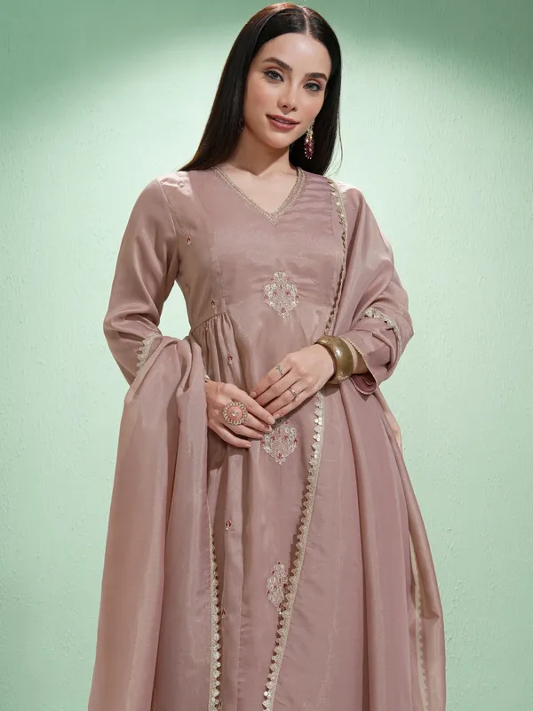 Vishudh Women Pink Embroidered Kurta With Trousers And Dupatta