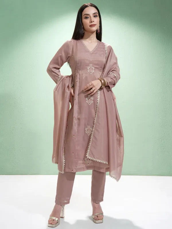 Vishudh Women Pink Embroidered Kurta With Trousers And Dupatta