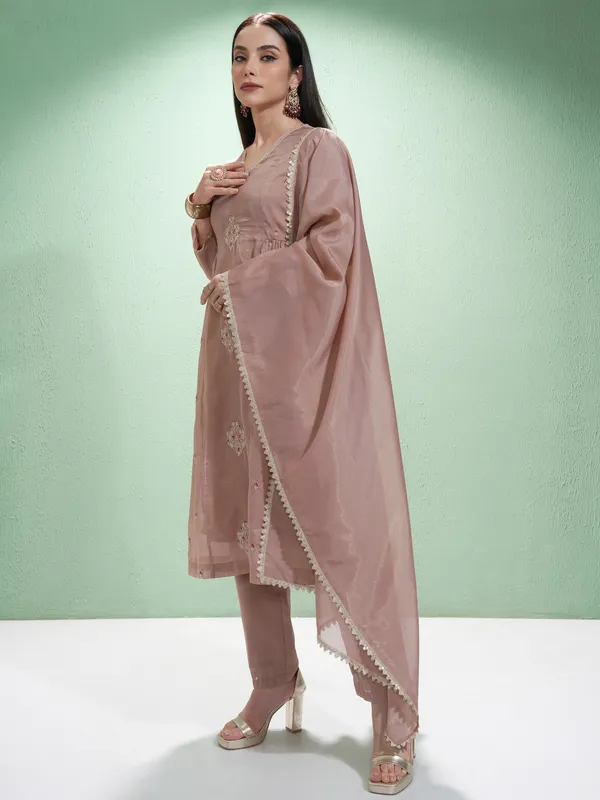 Vishudh Women Pink Embroidered Kurta With Trousers And Dupatta