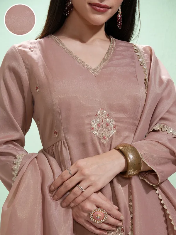 Vishudh Women Pink Embroidered Kurta With Trousers And Dupatta