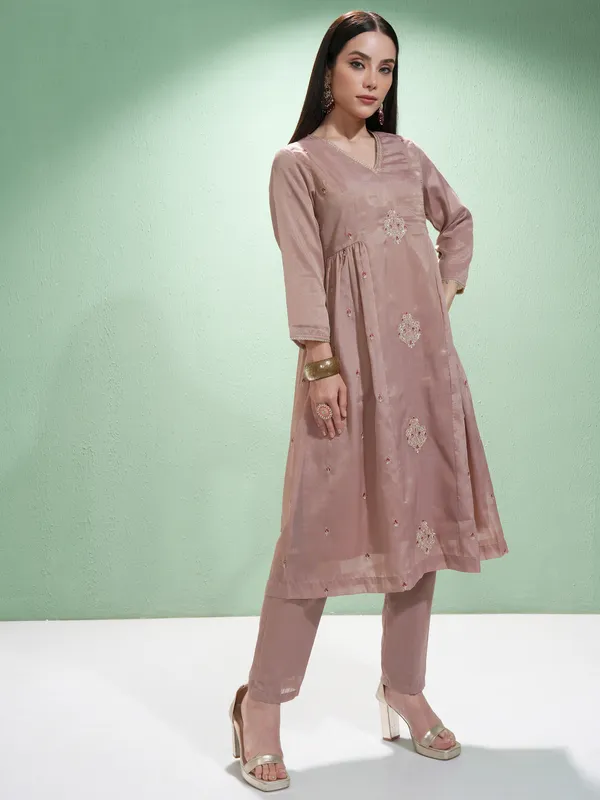 Vishudh Women Pink Embroidered Kurta With Trousers And Dupatta
