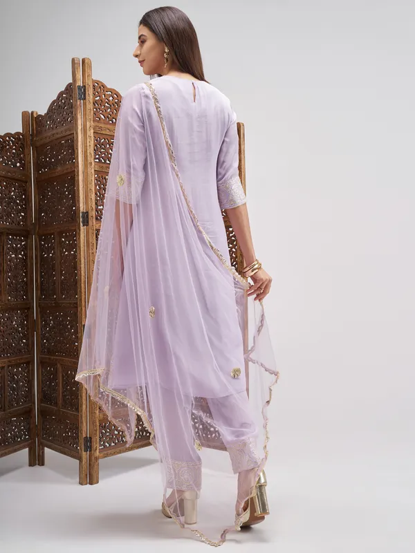 Vishudh Women Lavender Embroidered Kurta And Trouser With Dupatta
