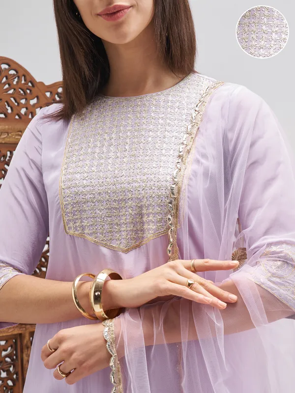 Vishudh Women Lavender Embroidered Kurta And Trouser With Dupatta