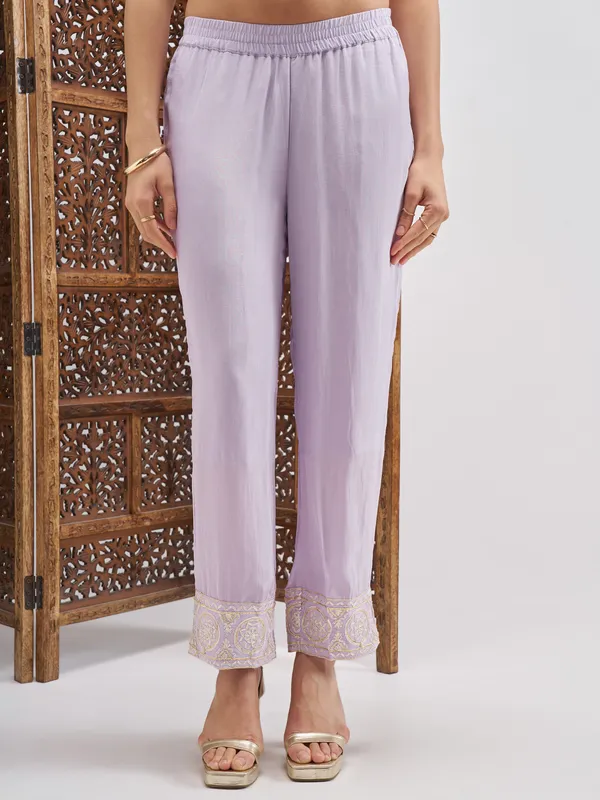 Vishudh Women Lavender Embroidered Kurta And Trouser With Dupatta