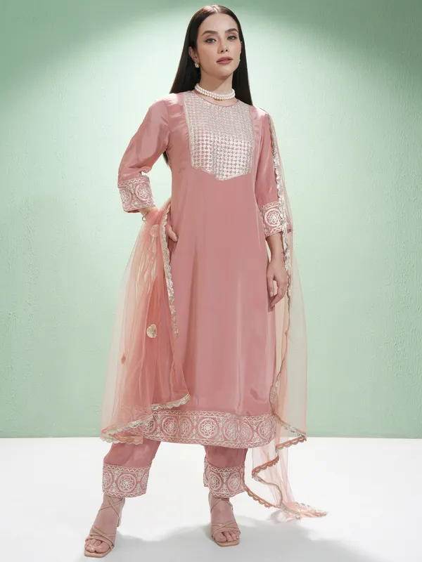 Vishudh Women Pink Embroidered Kurta With Trousers And Dupatta