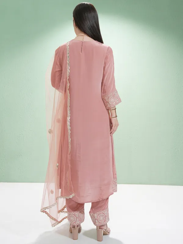 Vishudh Women Pink Embroidered Kurta With Trousers And Dupatta