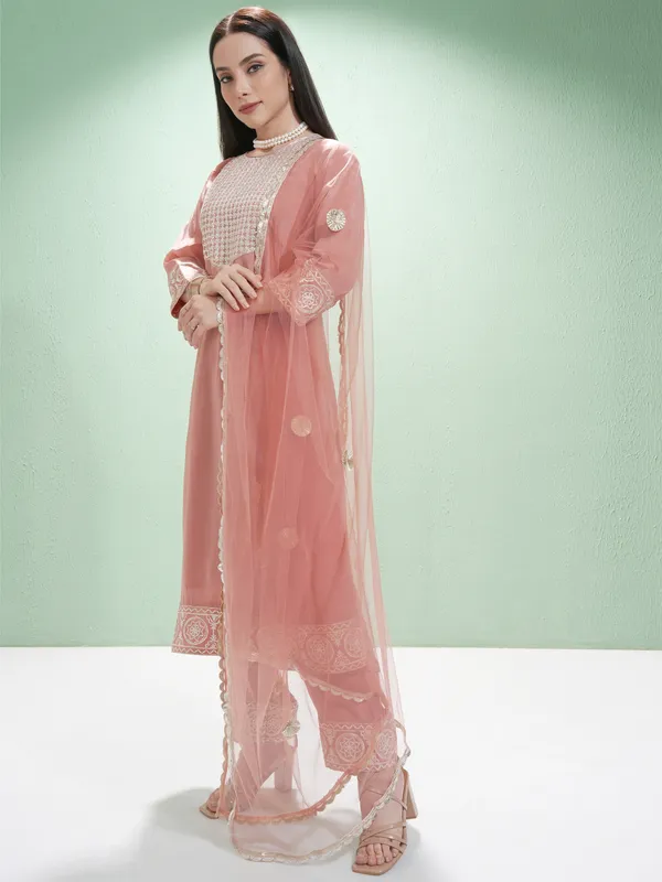Vishudh Women Pink Embroidered Kurta With Trousers And Dupatta