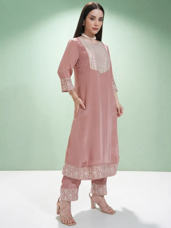Vishudh Women Pink Embroidered Kurta With Trousers And Dupatta