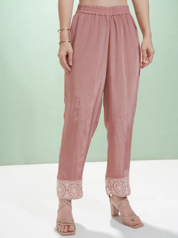 Vishudh Women Pink Embroidered Kurta With Trousers And Dupatta