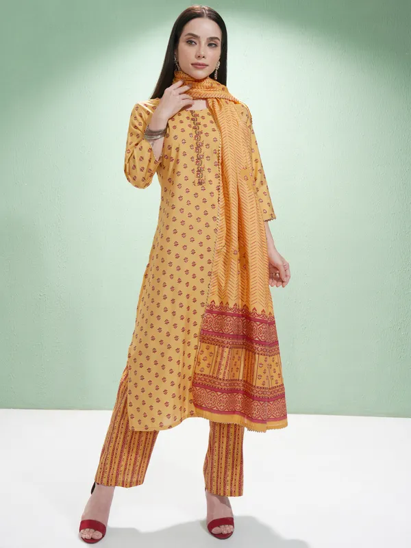 Vishudh Women Mustard Printed Kurta With Trousers And Dupatta