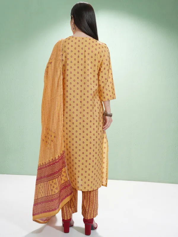 Vishudh Women Mustard Printed Kurta With Trousers And Dupatta