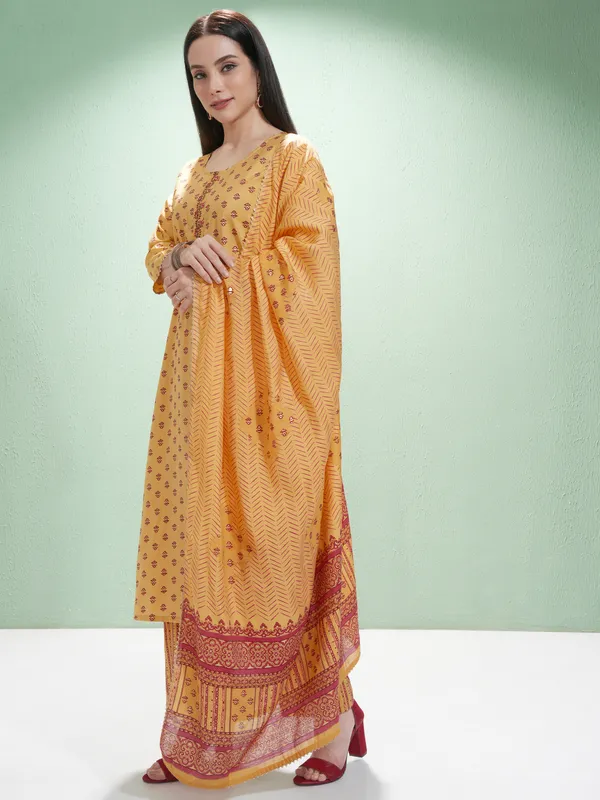 Vishudh Women Mustard Printed Kurta With Trousers And Dupatta