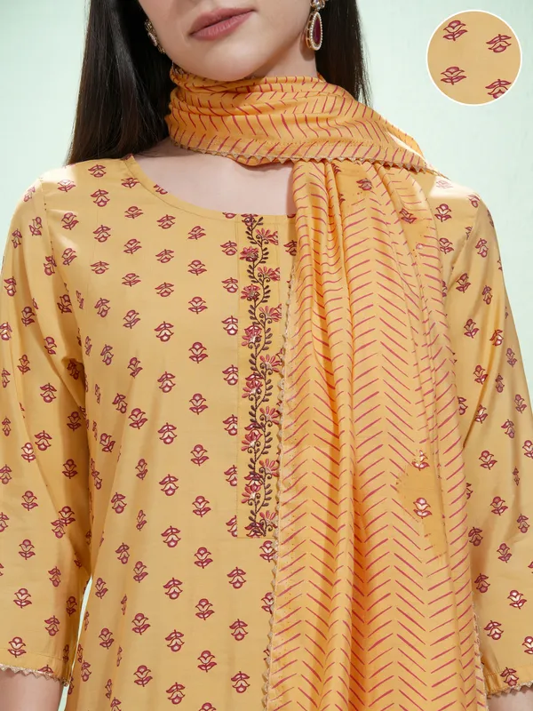 Vishudh Women Mustard Printed Kurta With Trousers And Dupatta