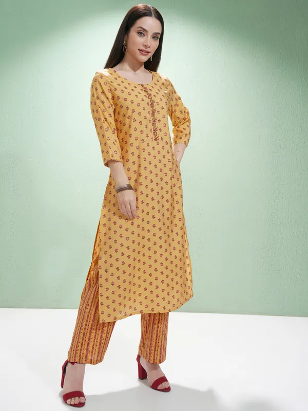 Vishudh Women Mustard Printed Kurta With Trousers And Dupatta