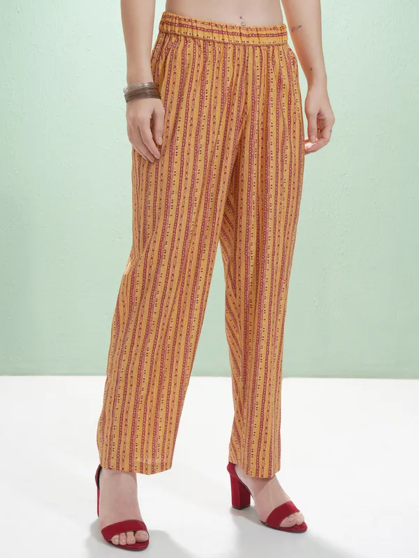 Vishudh Women Mustard Printed Kurta With Trousers And Dupatta