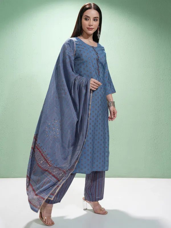 Vishudh Women Teal Printed Kurta With Trousers And Dupatta