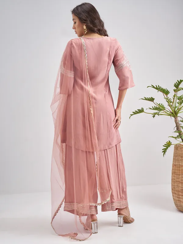 Vishudh Women Pink Embroidered Kurta With Trouser And Dupatta
