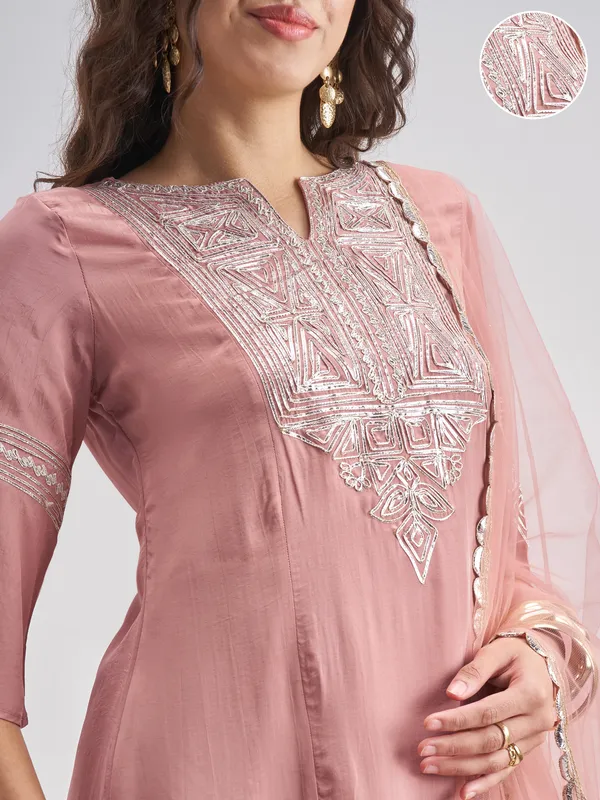Vishudh Women Pink Embroidered Kurta With Trouser And Dupatta