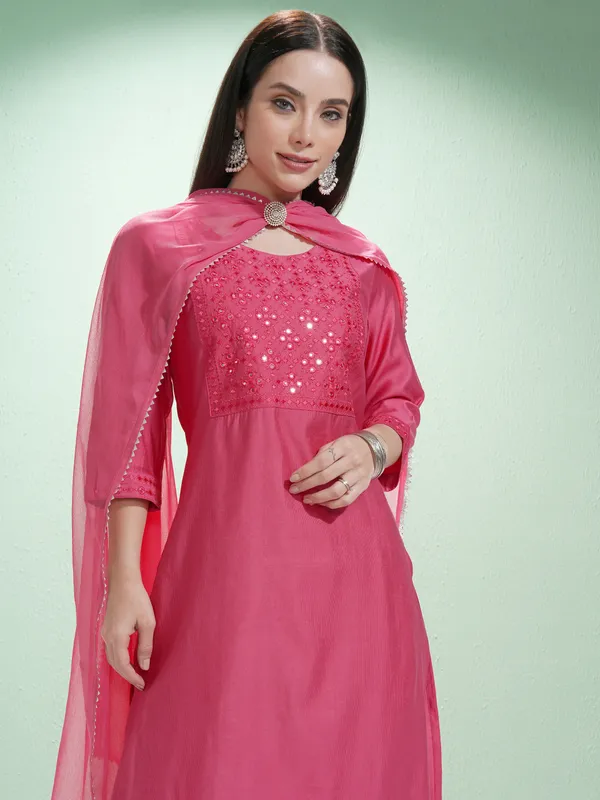 Vishudh Women Pink Embroidered Kurta With Trousers And Dupatta