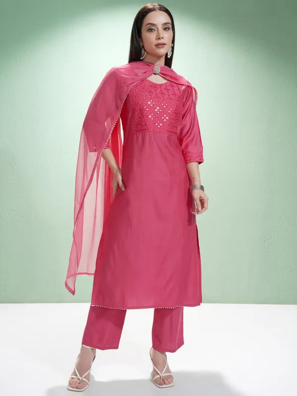 Vishudh Women Pink Embroidered Kurta With Trousers And Dupatta